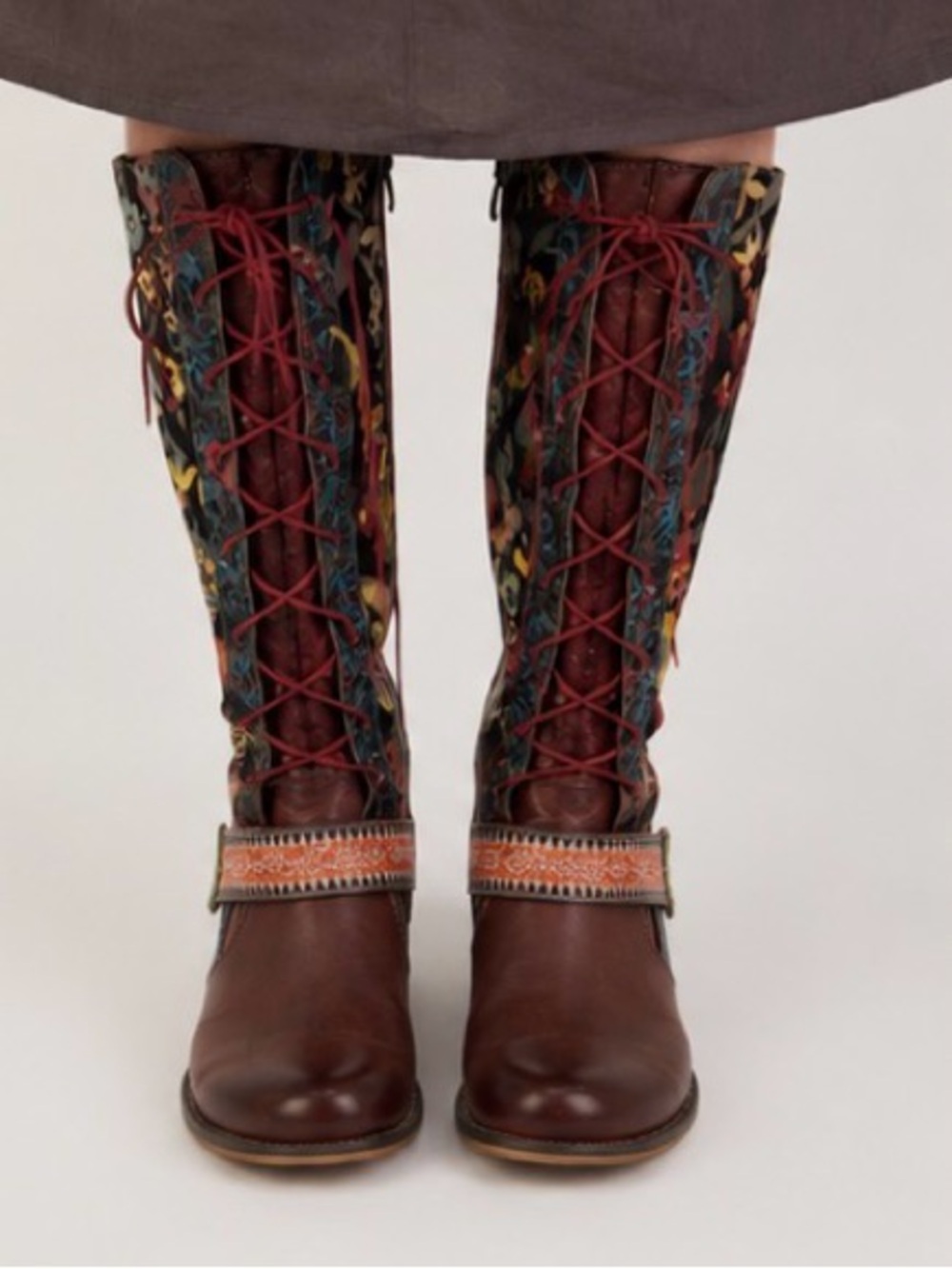 Spring Step Brown Leather Boots with Multicolor Floral Shaft - Picture 3 of 4